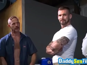 Horny Stephen Harte covered in cum after threesome fucking